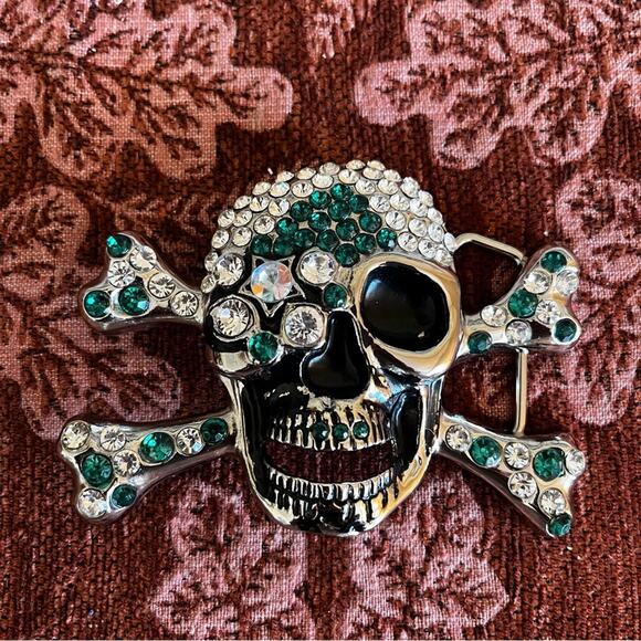 Bling Skull Crossbones Belt Buckle Emerald Green Bling - Picture 1 of 10